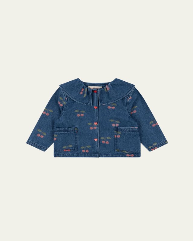 Girl's Magot Cherry-Print Denim Shirt, Size 12M-10